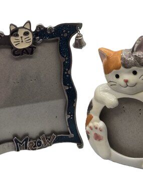 2 Kitty Cat Small Decorative Picture Frames   Calico Ceramic Meow  Metal